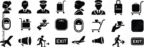 Silhouette hotel service icons set. hospitality, staff, travel, luggage, tourism vector illustration
