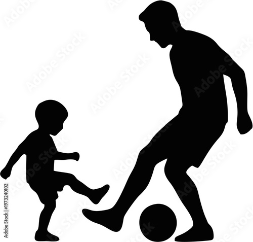 Solid black silhouette of father and son playing soccer together vector illustration
