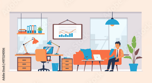 Businessman working remotely from home office with laptop.