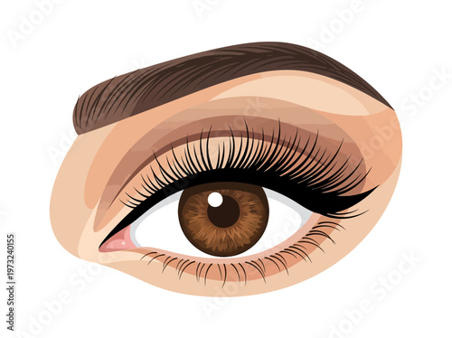 Flat feminine eye with brown iris, long lashes, clean outline, refined beauty minimal design style