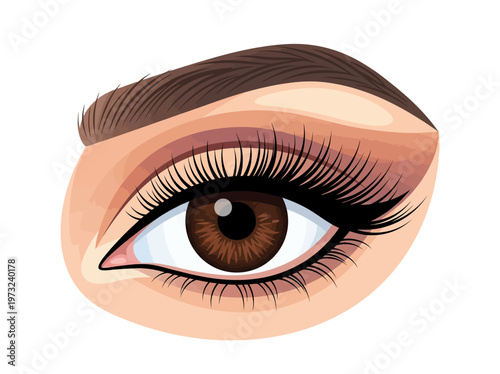 Flat feminine eye with brown iris, long lashes, clean outline, refined beauty minimal design style