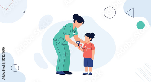 Nurse checks child's heartbeat with stethoscope, pediatric healthcare concept