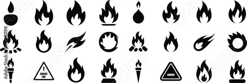 Silhouette fire line icons set. flame, burn, heat, warning, hazard, energy vector illustration