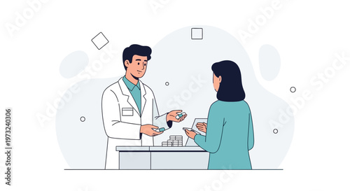 Pharmacist handing medication to customer at counter, illustration