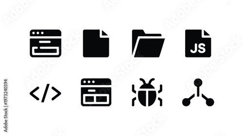 collection of web development and coding related icons on white background