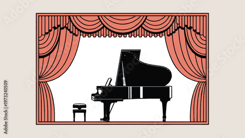 grand piano and stool on a stage with red curtains