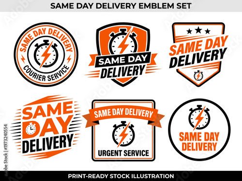 Same day delivery emblem set: urgent courier service labels with clock and lightning icons