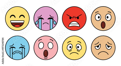 Set of diverse emotional facial expressions in a vector illustration, showcasing happiness, sadness, anger, and surprise, perfect for digital communication and design