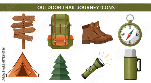 Vector illustration of outdoor trail journey icons, featuring camping gear, hiking equipment, and navigational tools for adventure