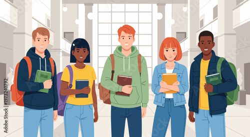 Diverse group of students standing in a bright university hall, vector illustration