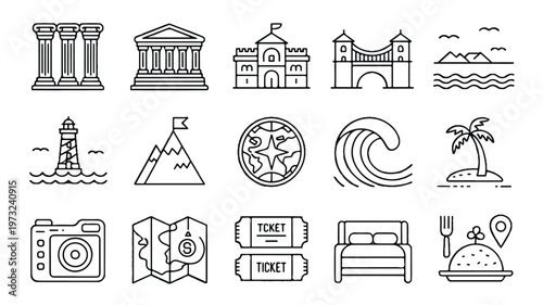 line icons of travel and tourism related objects and landmarks