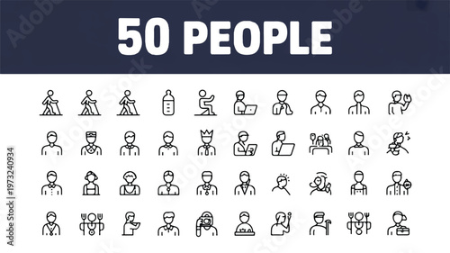 fifty people icons in various activities and occupations  line style