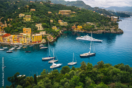 Moored boats and yachts in the bay of Portofino, Italy