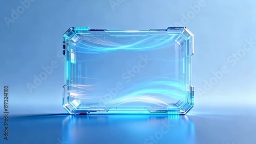 Futuristic transparent rectangular device with blue glowing structure and flowing light effects