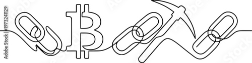 Minimalist One Line Art of Bitcoin and Blockchain Chain - Concept of Cryptocurrency and Digital Asset Technology Vector Illustration