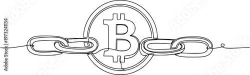 Minimalist One Line Art of Bitcoin and Blockchain Chain - Concept of Cryptocurrency and Digital Asset Technology Vector Illustration