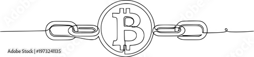 Minimalist One Line Art of Bitcoin and Blockchain Chain - Concept of Cryptocurrency and Digital Asset Technology Vector Illustration