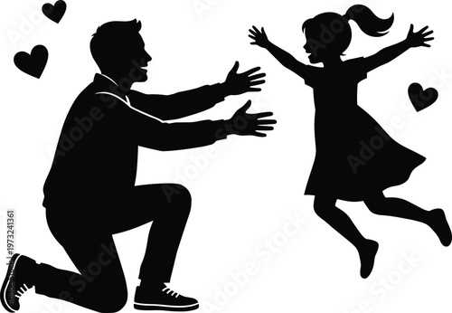 Happy daughter jumping into fathers arms silhouette vector illustration, heartwarming family moment with hearts isolated on white background for greeting card design
