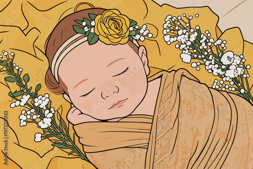 Sleeping Baby Wrapped in Yellow with Flowers Illustration