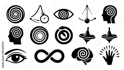 Hypnosis Symbols Silhouette Set – Spiral, Pendulum, Mind, Eye and Trance Icons