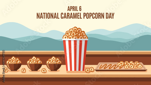 National Caramel Popcorn Day April 6 Snack Illustration, Sweet Caramel Popcorn Bucket with Bowls and Bars, Movie Night Treat and Confectionery Concept Flat Vector Design