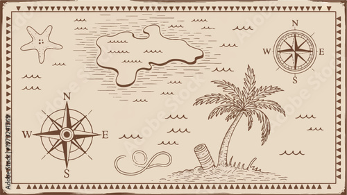Vintage treasure map with compass palm tree and starfish on beige background