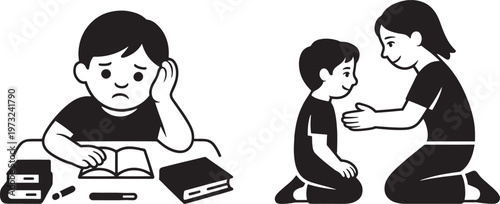 A sad boy sits at a desk with books and writing tools, looking dejected, while a compassionate adult kneels to offer comfort and encouragement to another child.