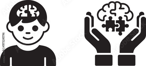 Stylized illustration depicts a smiling child's head and shoulders with a jigsaw puzzle brain, alongside hands cradling a jigsaw puzzle brain, representing mental well-being and support.