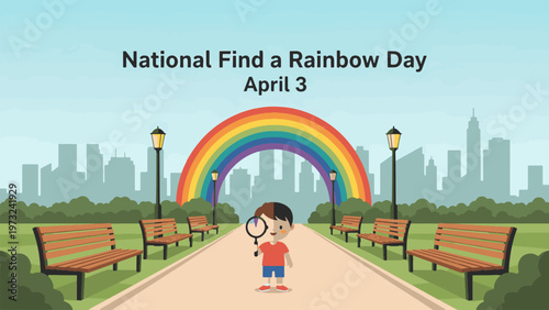 National Find a Rainbow Day April 3 Illustration, Child Exploring Park with Magnifying Glass Under Colorful Rainbow, Discovery Nature and Curiosity Concept Flat Vector Design