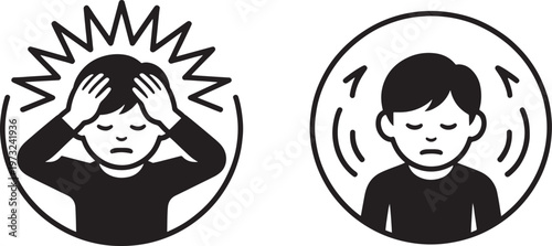 Man clutching head with radiating pain lines signifies a headache, while another man with wavy lines around him symbolizes dizziness or ringing in ears.