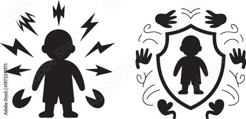Silhouette child with radiating energy and protective shield with handprints conveys concepts of vulnerability and safety.