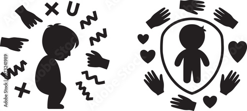 Child being ostracized and bullied, contrasted with the same child protected by a shield and surrounded by hearts and supportive hands.