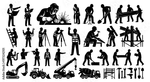 Construction worker silhouettes, industrial builder icons, heavy machinery vector set