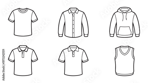 Various clothing items like tshirts, shirts, hoodies, polo shirts and vest on white.