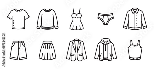 Group of ten clothing items including shirts shorts skirt jacket and underwear.