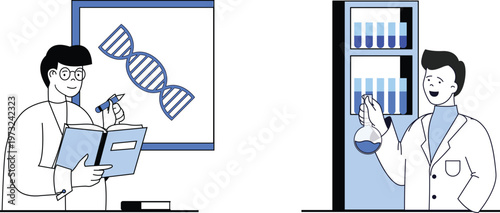 Scientists discussing genetic research and laboratory experiments