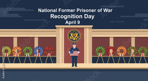 National Former Prisoner of War Recognition Day April 9 Memorial Illustration, Veteran Speaking at Podium with Wreath Tribute, Honoring Service Sacrifice and Remembrance Concept Flat Vector Design