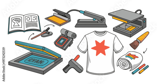 Screen printing equipment set illustrating professional tshirt production tools and graphic design steps.