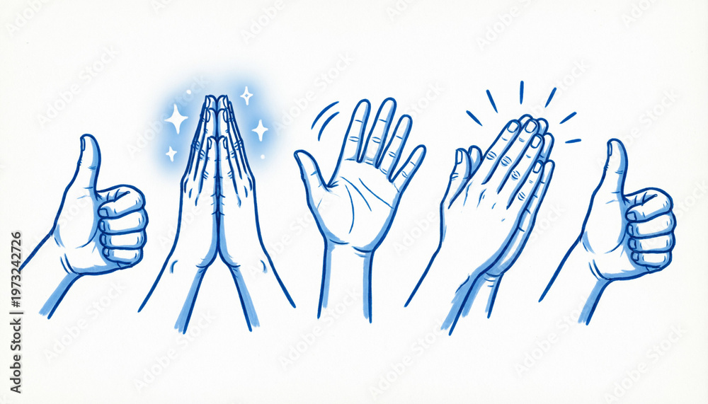Obraz premium Hands showing various gestures of approval and prayer on white background