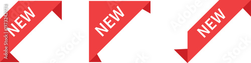 Three red sale banners labeled new in different orientations