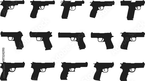 Handgun and pistol silhouettes set with various firearm models, personal defense weapon isolated vector design
