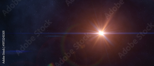 Sun, galaxy, nebula and stars. Space background. The light of a distant unknown star against a background of stars and nebula. Abstract circle digital lens flare, light leaks. 
