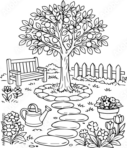 Serene Garden Scene with Apple Tree Bench and Watering Can for Coloring