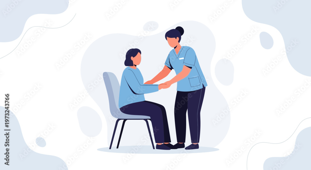 Fototapeta premium Nurse Helping Elderly Patient Sit Down in Chair - Medical Care Illustration