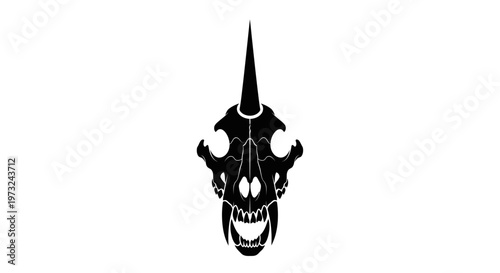 A stylized black and white illustration of a fearsome horned creature skull with sharp teeth, evoking ancient power and mythology