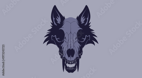 Dark Silhouette of a Fierce Wolf Skull with Sharp Fangs and Eerie Eyes on a Pale Blue Background