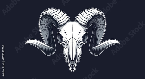 Detailed illustration of a ram's skull with prominent, curved horns, set against a dark background
