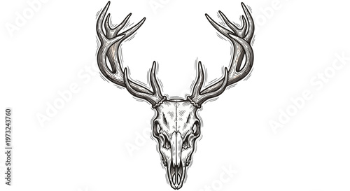 Detailed illustration of a stag skull with prominent antlers against a white background