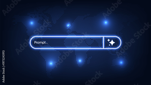 Futuristic AI chip and generative bar on a digital world map background. Machine learning and advanced global technology systems.  AI assistant and agentic AI systems. Vector illustration.