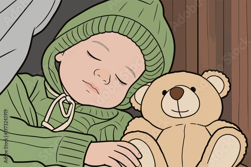 Child Sleeping with Stuffed Animal in Bed